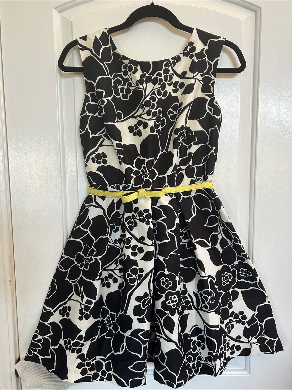 Women's Black & White Floral Fit-and-Flare Dress with Yellow Belt